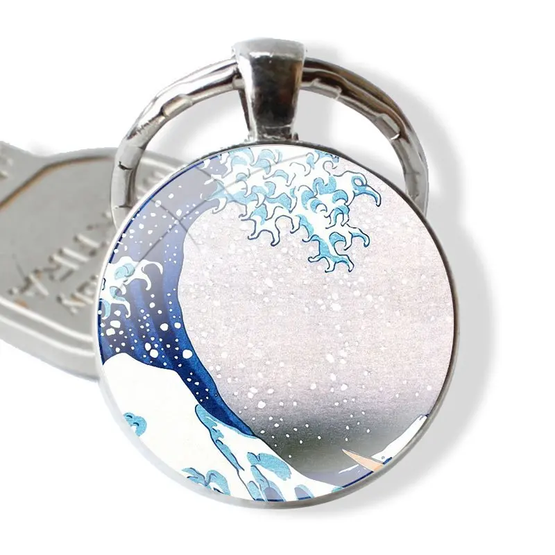 The Great Wave off Kanagawa Keychain Handmade Glass Cabochon Key Ring Holder Pendant Key Chains