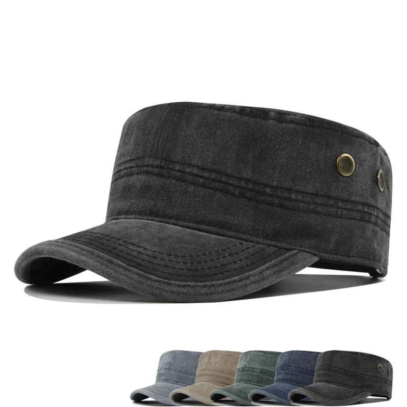Spring Summer Army Hat for Men Women Outdoor Retro Washed Cotton Big Head Flat Top Sunshade Flat Caps Military Cap Fishing Hats