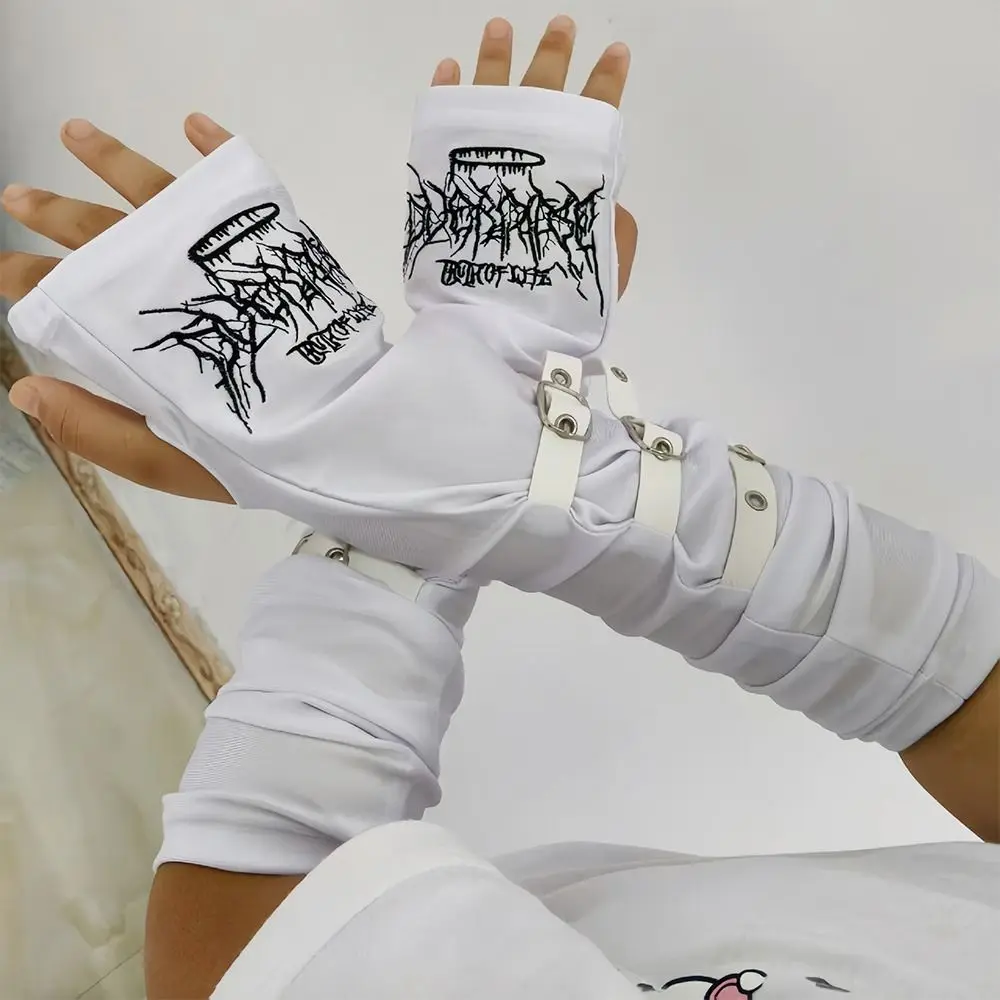 Creative Metal Buckle Arm Sleeves Y2K Dark Punk Sunscreen Gloves Harajuku Japanese Half Finger Sleeves Women