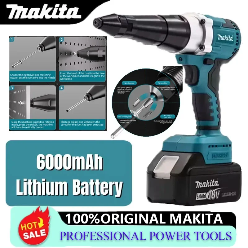 

Бесщеточный электрический заклепочник Makita с LED-подсветкой, беспроводной, многофункциональный, автоматический инструмент для установки заклепочных гаек, совместимый с аккумулятором Makita 18V.