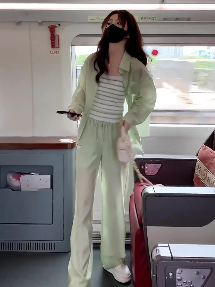 New Summer 2025 Faion Set Beautiful een Sun Protection irt Vest Wide Leg Pants Tee Piece Women's Clothing Ensemble