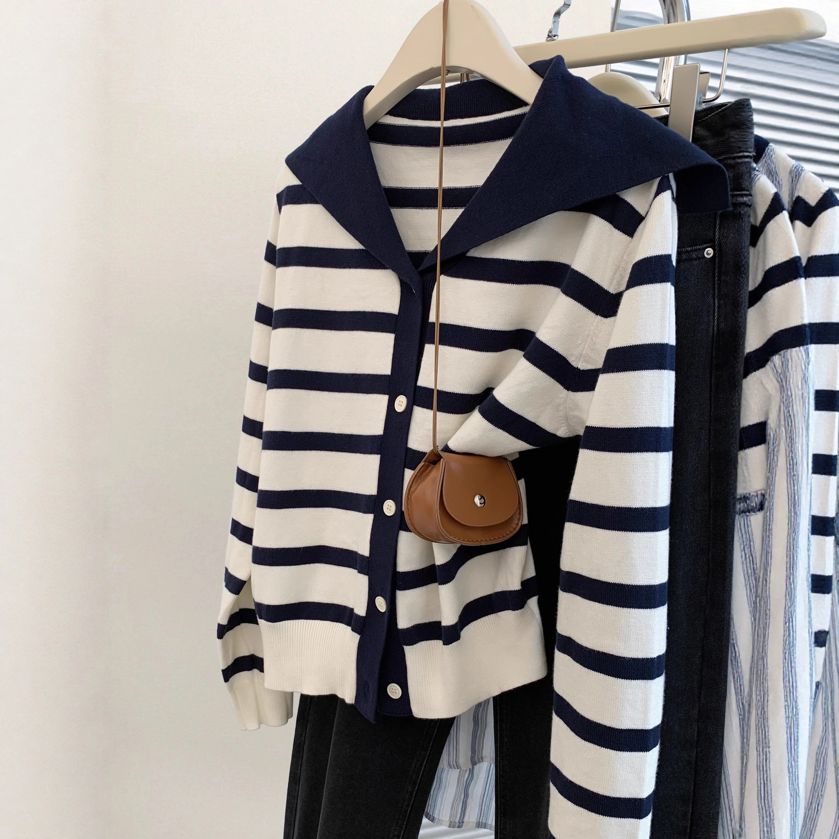 

Navy Collar Cardigan Women Striped Knit College Style Wool Sweater Jacket Autumn Winter