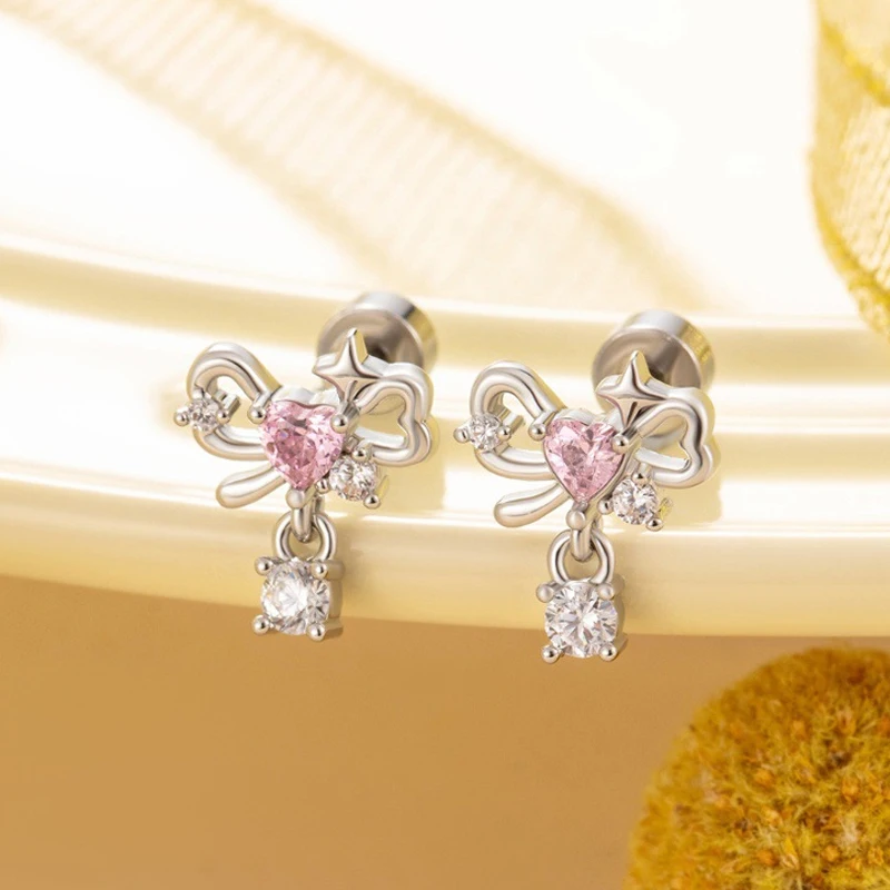20G Tiny Bowknot Cubic Zirconia Ear Stud Earrings Hypoallergenic Titanium Cartilage Helix Stackable Piercing Jewelry