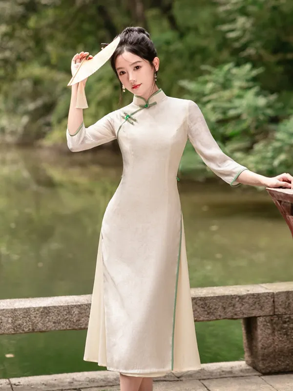 

Young Sle Reformed Tea Ceremony Artiste High End Personali Daily Wear Tee Quarter Sve Long Qipao