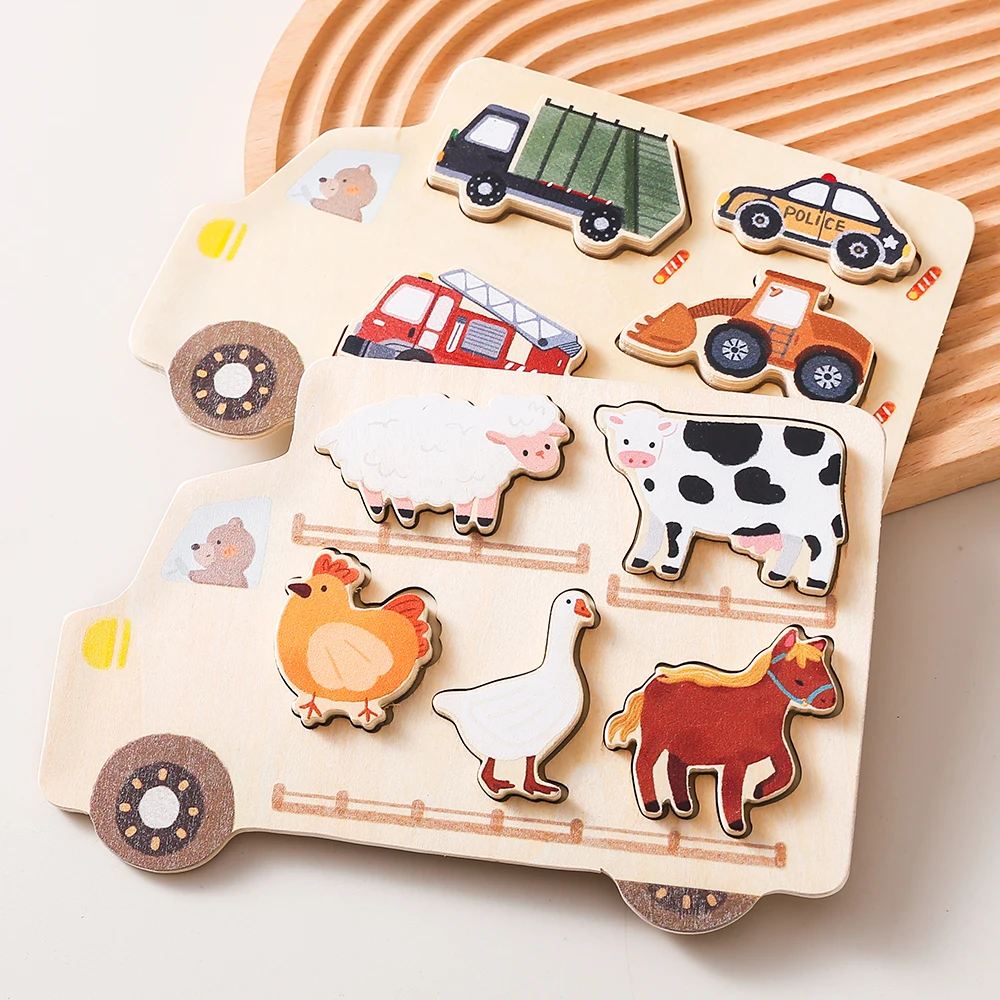 Baby Montessor Wooden Puzzles Toys Geometry Puzzle Animal Car Shape Puzzle Toys Board Matching Games Educational Learning Toys