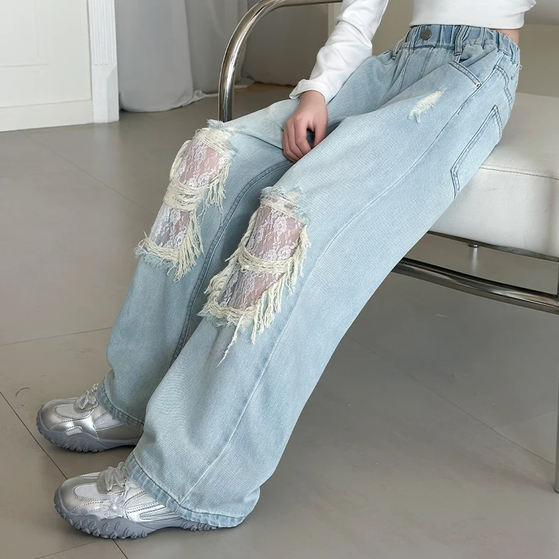 Kids Girls High Fashion Street Style Broken Jeans with Lace Hole for Tweens Child Trendy Ripped Denim Pants 5 6 7 8 9 11 12 14 Y