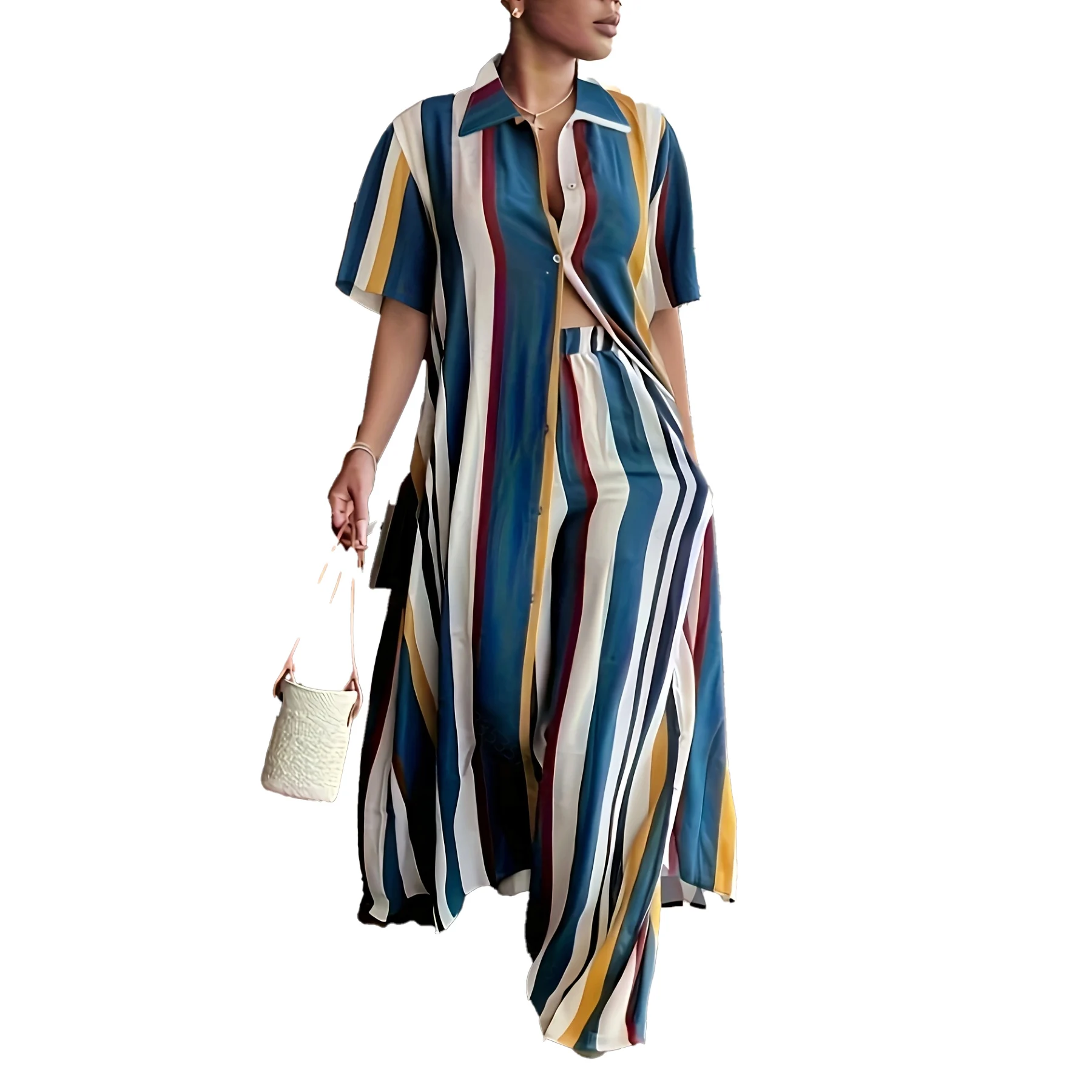

Plus Size Summer Striped Two Piece Set For Women Casual Oversized Shirt & Wide Leg Pants Vacation Beach Outfit