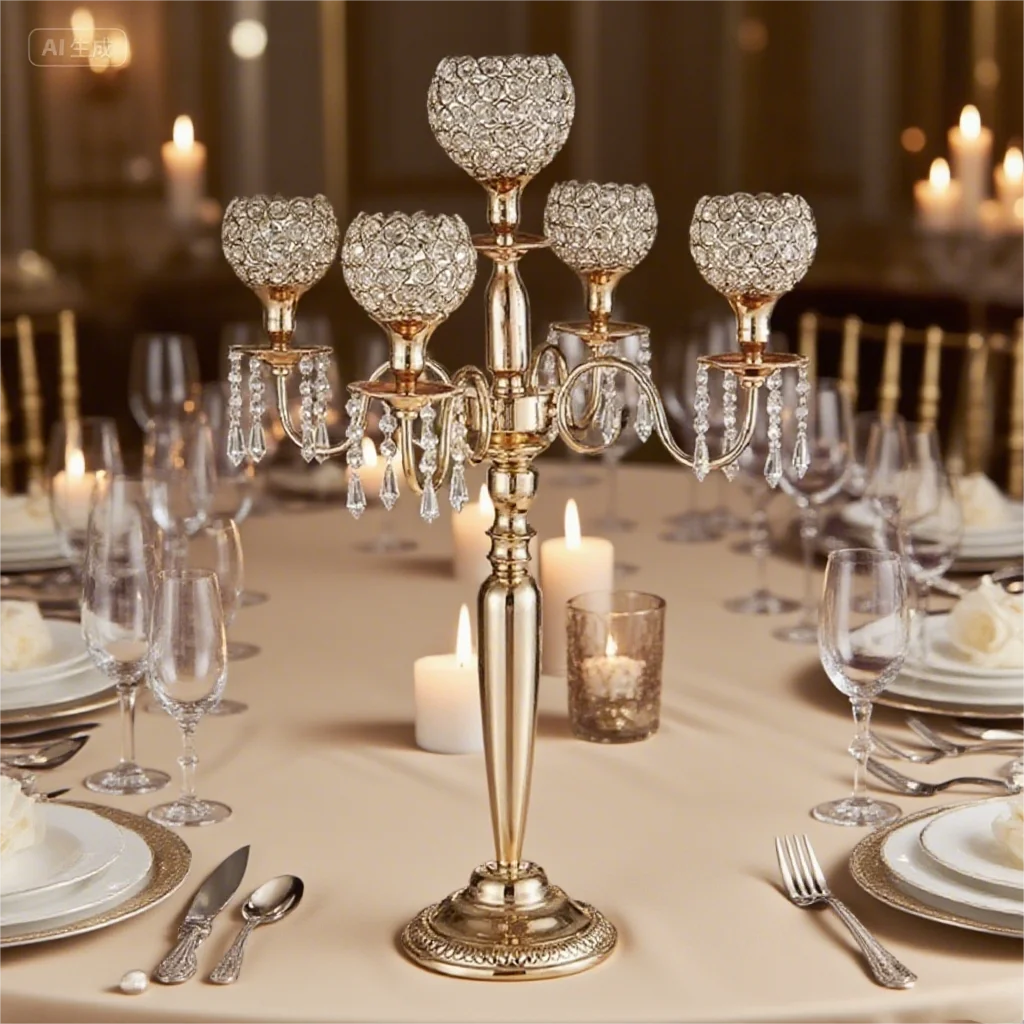 

80cm 5 Arm Crystal Candelabra Centerpieces Gold Candle Holders for Wedding Home Holiday Party and Formal Event Table Decor