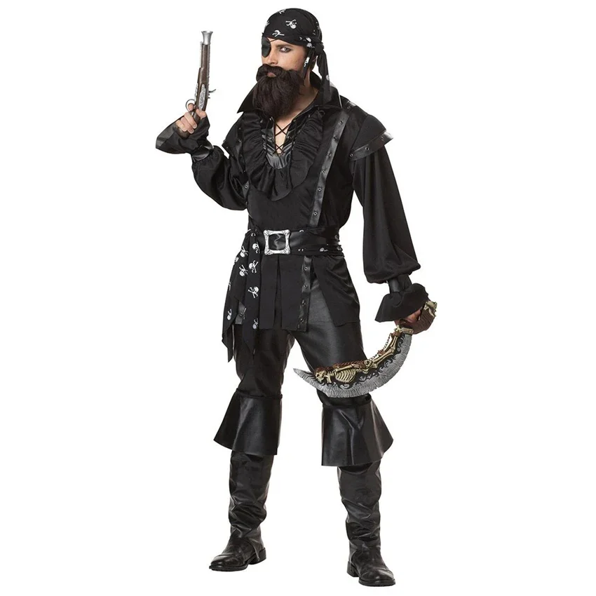 

Halloween Pirate Costume Men Adult Cosplay Costume Eyepatch Beard Deluxe Carnival Pirates Costume