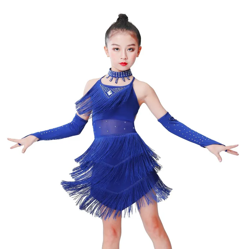 Latin Dance Dress for Girls 3-15Y Solid Tassel Dancing Dress Kids High Quality Professional Competition Suit Tango Costume
