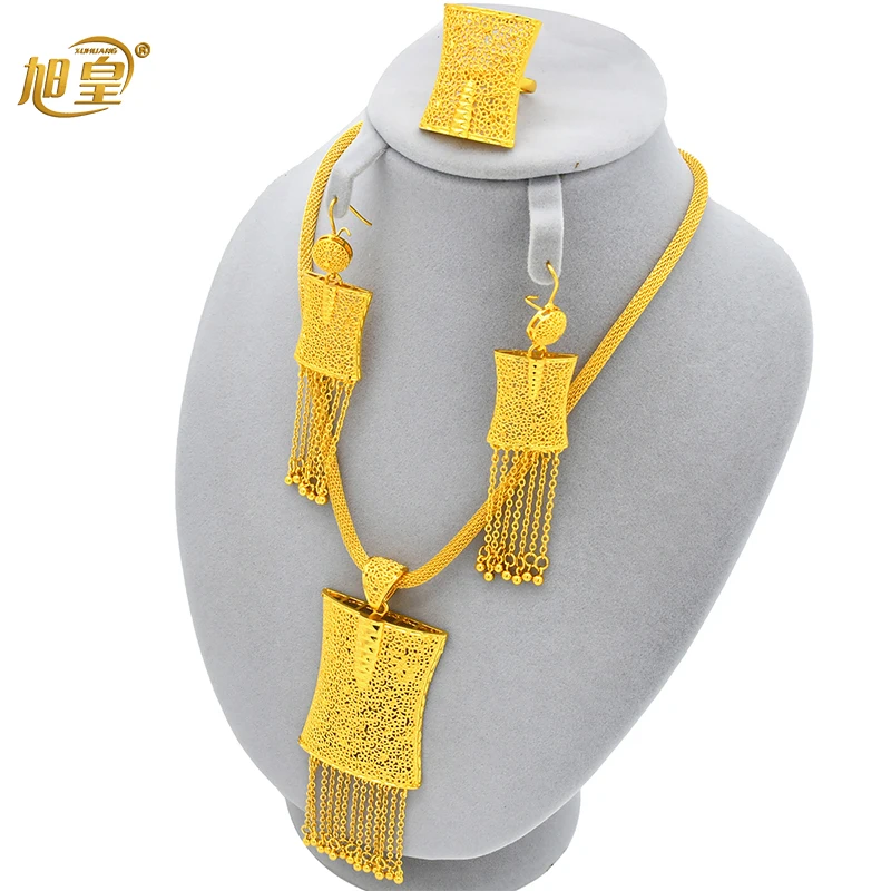 

Ethiopian 24k Gold Plated Big Pendant Necklaces Set For Women Dubai Luxury Necklace Earrings Rings Jewelry Sets Arab Party Gifts