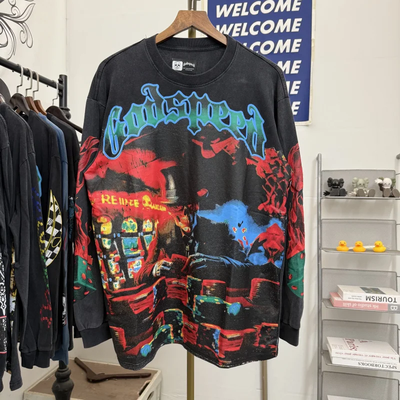 

Retro Waed Long Sve T-irt American Ro Street Sle Print Loose Fit Youthful Trend Autumn Casual round Ne Top