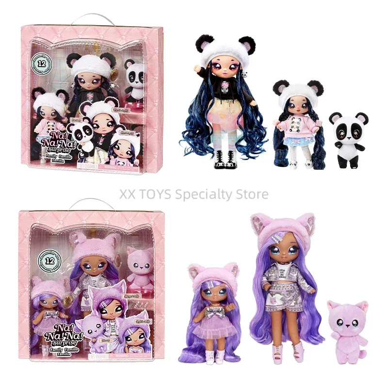 Na! Na! Na! Set di bambole morbide per famiglie a sorpresa con 2 bambole alla moda e 1 bambola di peluche alla moda per ragazze, casa da gioco, bambole