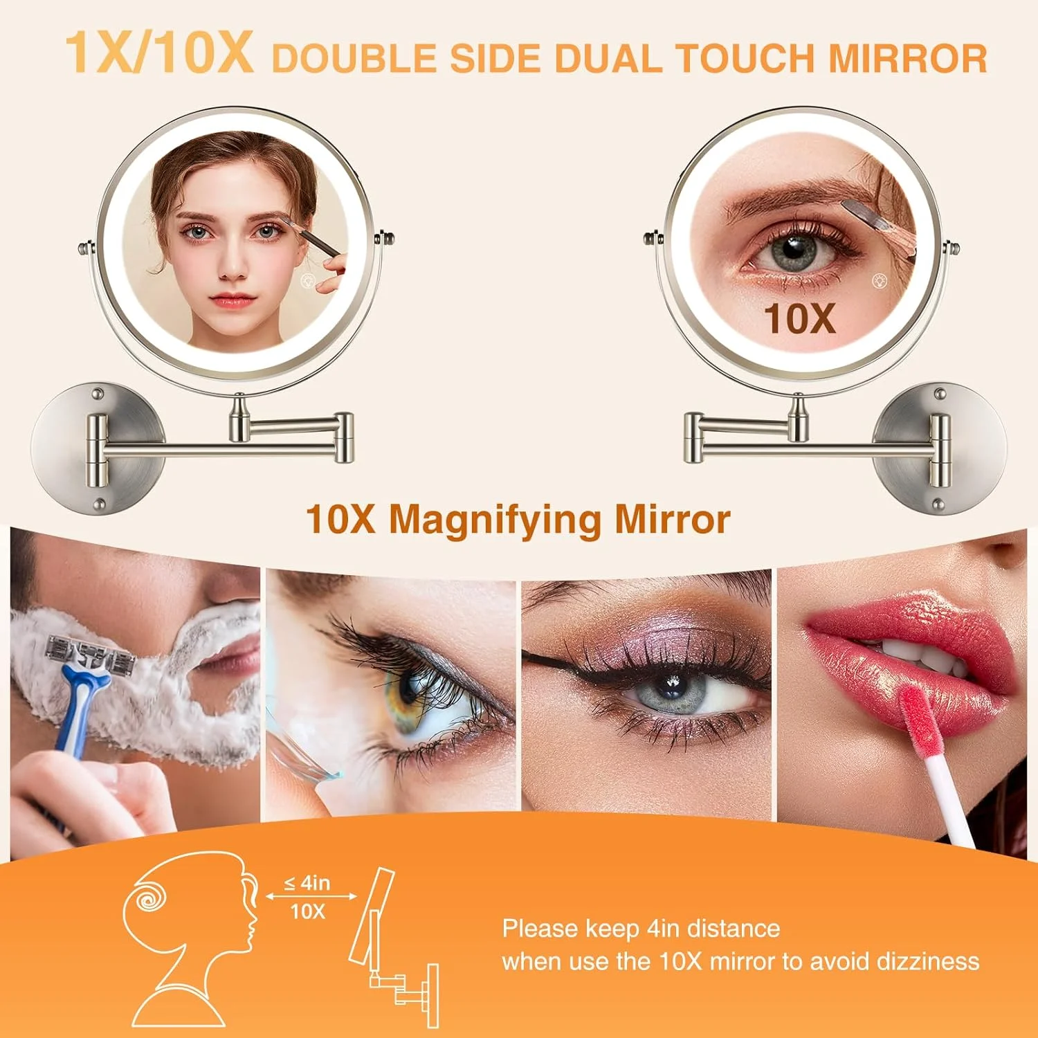 Miroir de maquillage monté avec lumières et grossissement, miroir de salle de bain double touche 8,5 pouces 2 faces 1X/10X, écran tactile 3 mod d'éclairage