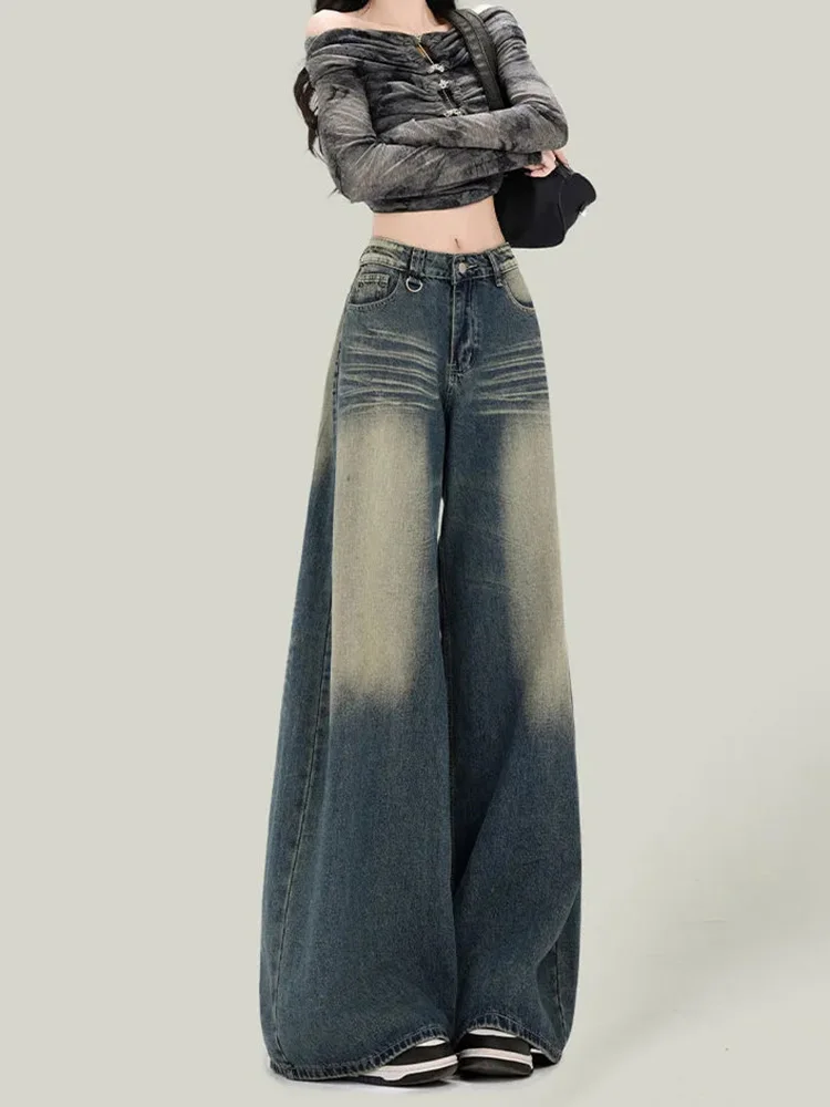 

Women Streetwear Retro Jeans Loose High Waist Y2K Denim Pants Casual American Harajuku Fall Female Pockets Wide Leg Trousers New