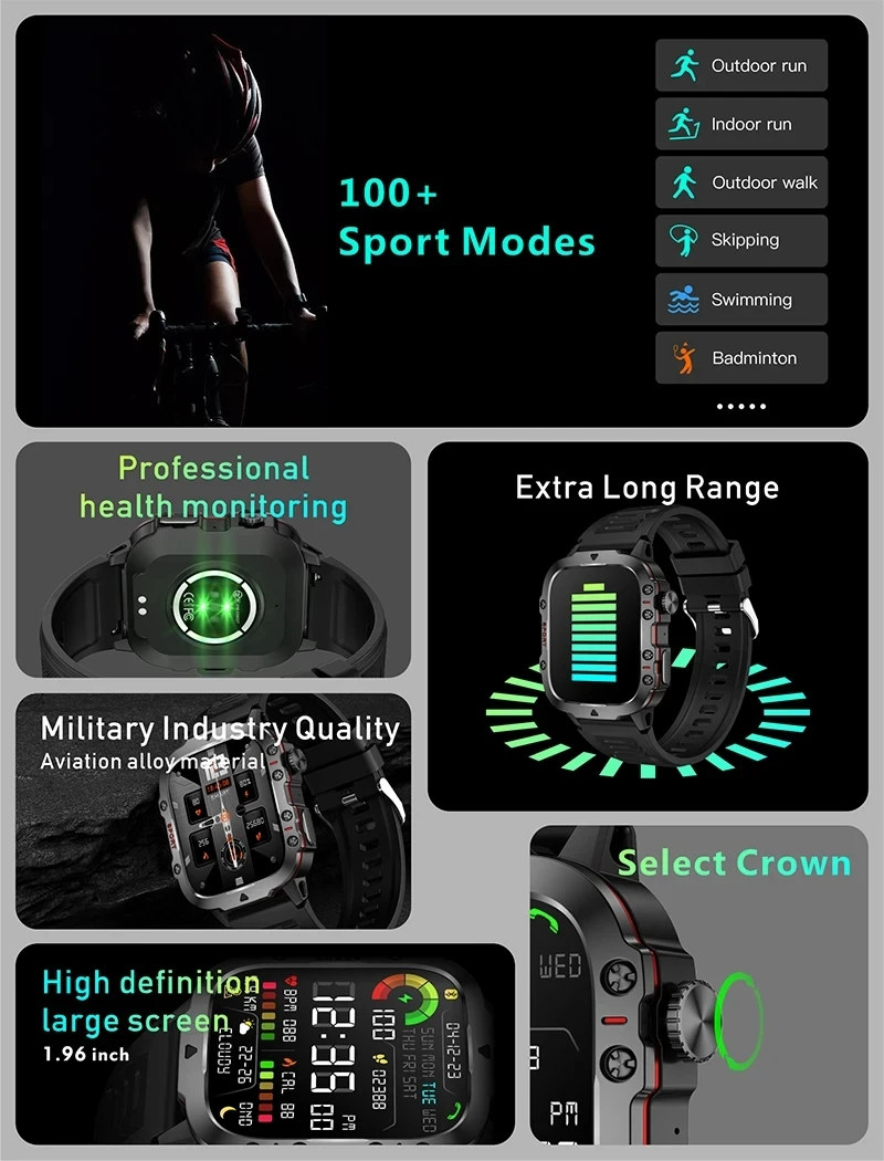 Imagem -03 - Xiaomi-relógio Inteligente Militar para Homens Ip68 Gps Exterior Esportes 100 Mais Rastreador de Fitness Monitor de Saúde 1.96 Chamada bt Smartver Novo 2024