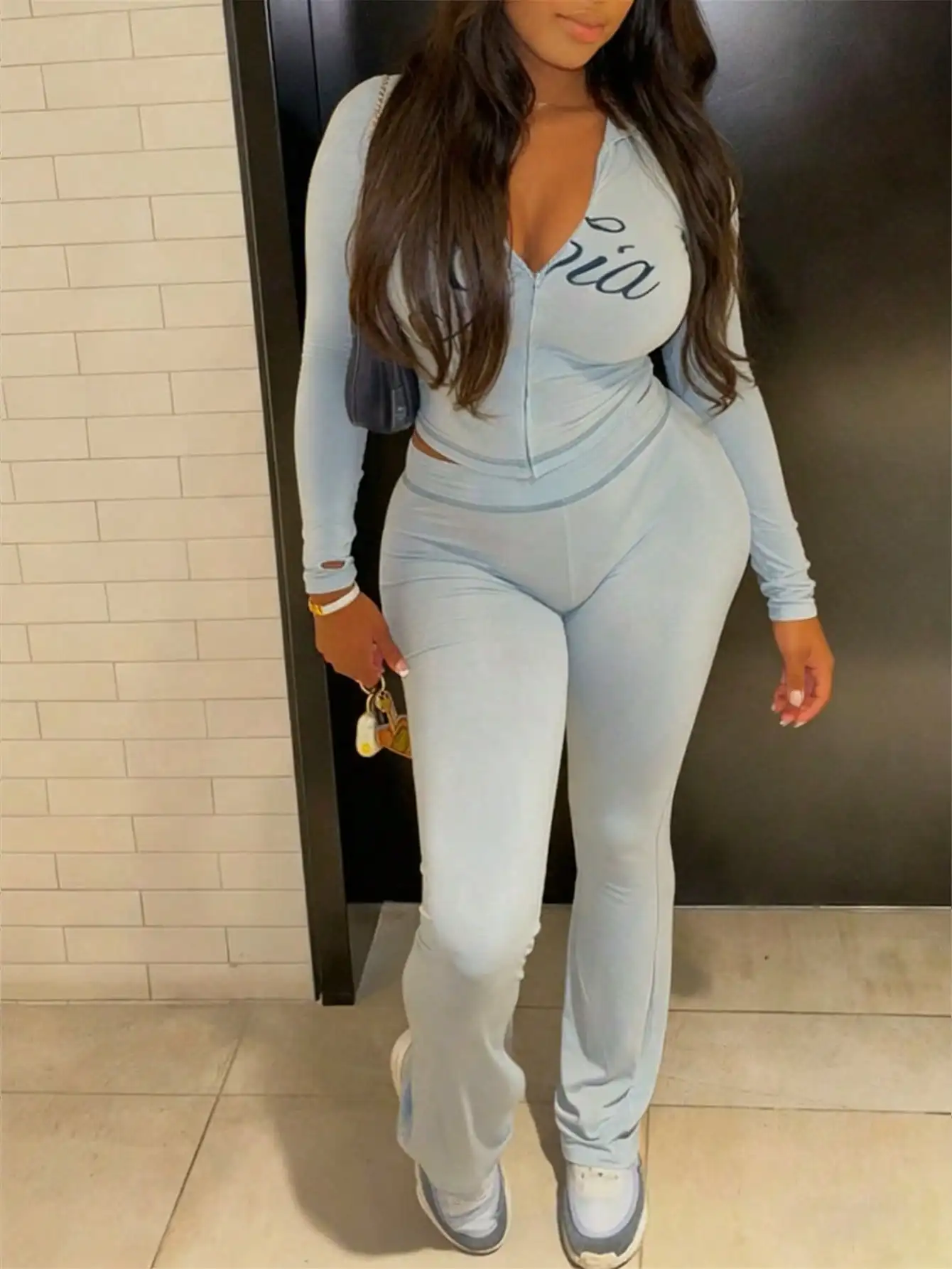 

Женский светло-голубой спортивный костюм на молнии с длинными рукавами и брюками с высокой талией, повседневный комплект в уличном стиле