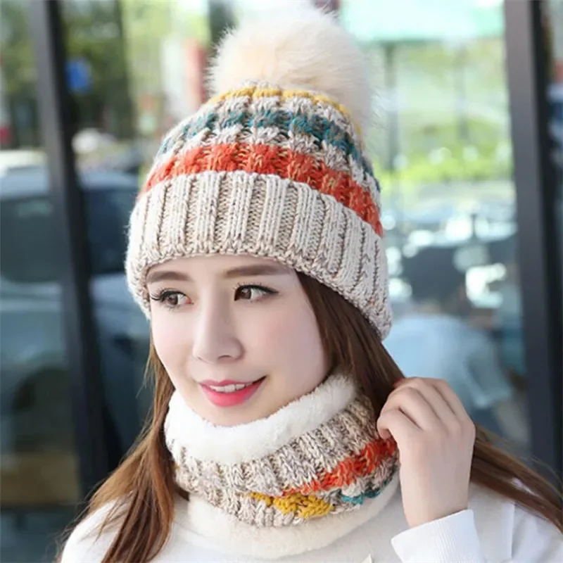 Conjunto de gorro y bufanda de punto para mujer, gorros cálidos, gorro de felpa y bufanda con anillo, mezcla de colores, gorro con pompón para mujer