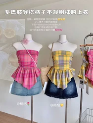 Summer Women Korean Fashion Sweet Plaid Tube Top Design Kpop Vintage Gyaru Coquette 2000s Aesthetic Cute Core Kawaii Mori Girl