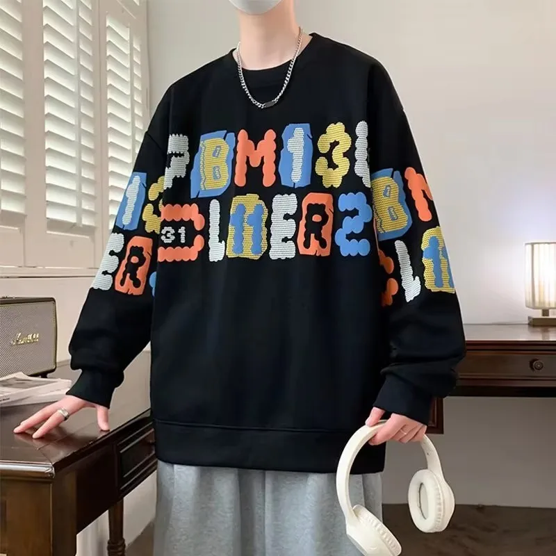 

Men's Round-Neck Sweatshirt Long-Sleeved T-Shirt Base Layer American Retro Style Loose Fit Trendy Brand Top for Spring Summer 20