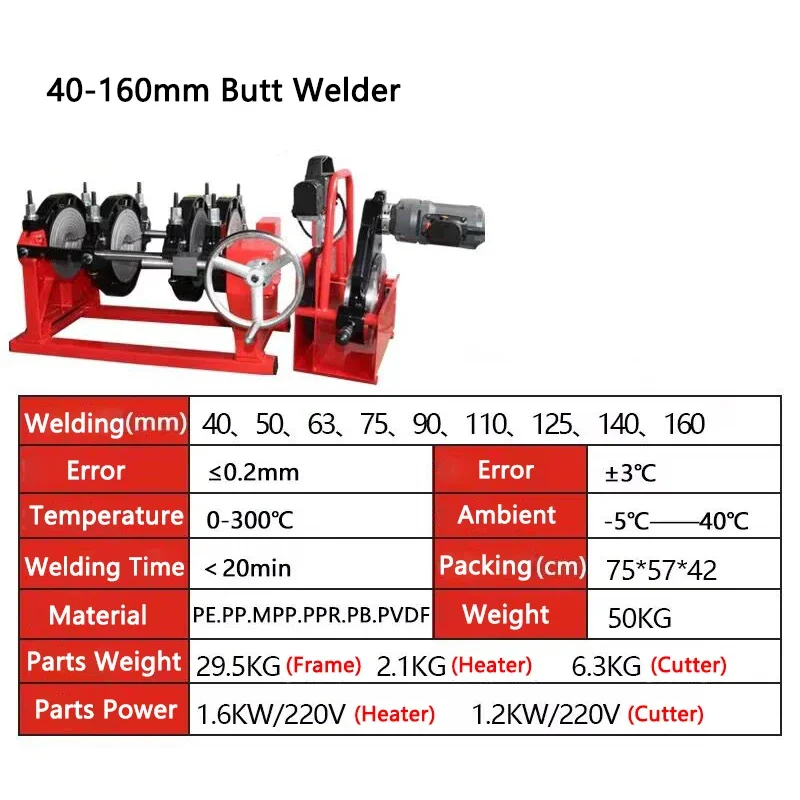 Screw type PE Pipe Butt Welding Machine PP/PPR/PB/PVDF/MPP Plastic Pipe Hot Melt Butt Welder Size 40-160/63-160/63-200
