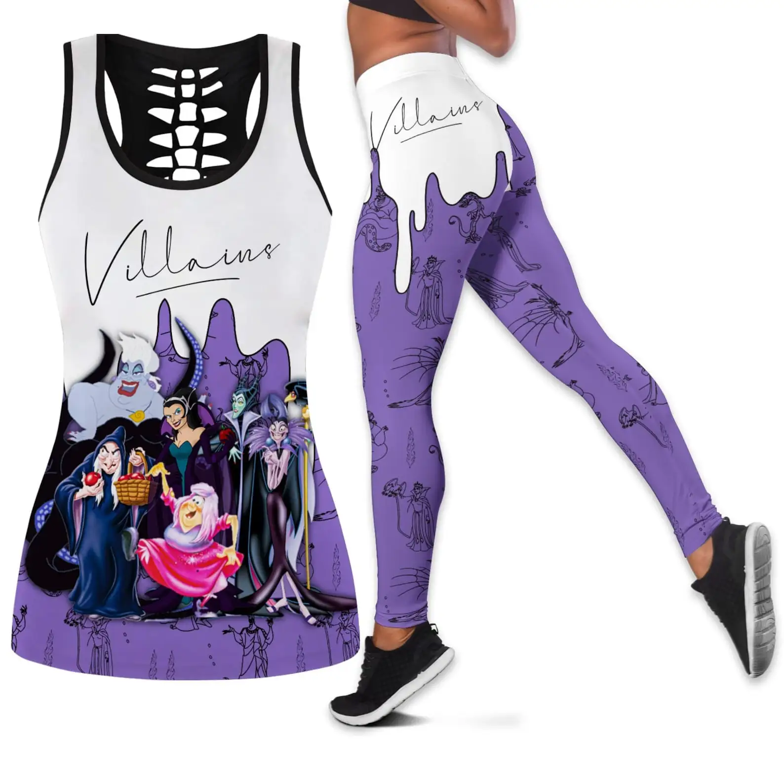 Maleficent Women's Hollow Vest + Women's Leggings Yoga Suit Fitness Leggings Sports Suit Disney Villains Tank Top Legging Set