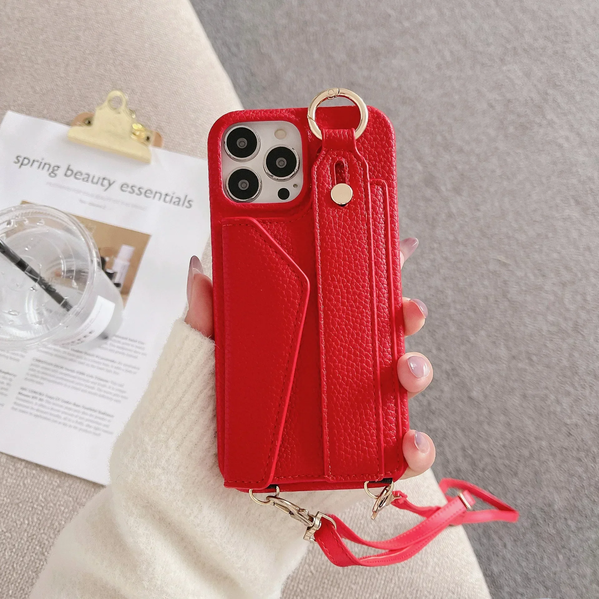 Ring-Crossbody-Handgelenkriemen-Brieftaschen-Lederhülle für iPhone 17 16 15 14 13 12 11 Pro Max Handyhülle mit Kartenfach und Lanyard – Detail 18