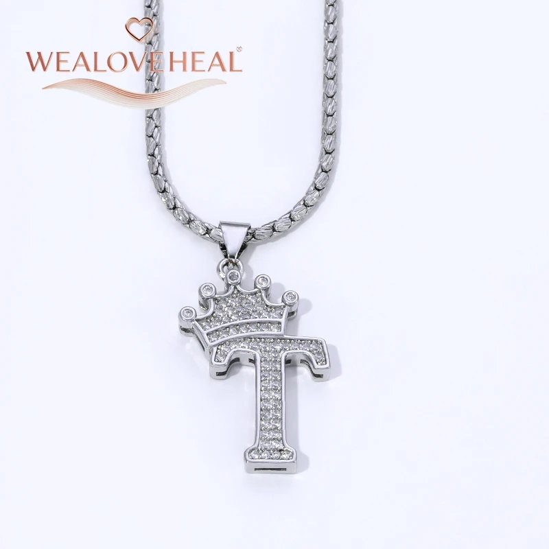 Rhodiumbeschichtete A-Z-Kronen-Initialen-Halskette, Iced Out CZ 26 Buchstaben-Anhängerkette 50 cm, personalisiertes Hip-Hop-Schmuckgeschenk für Sie und Ihn – Detail 38