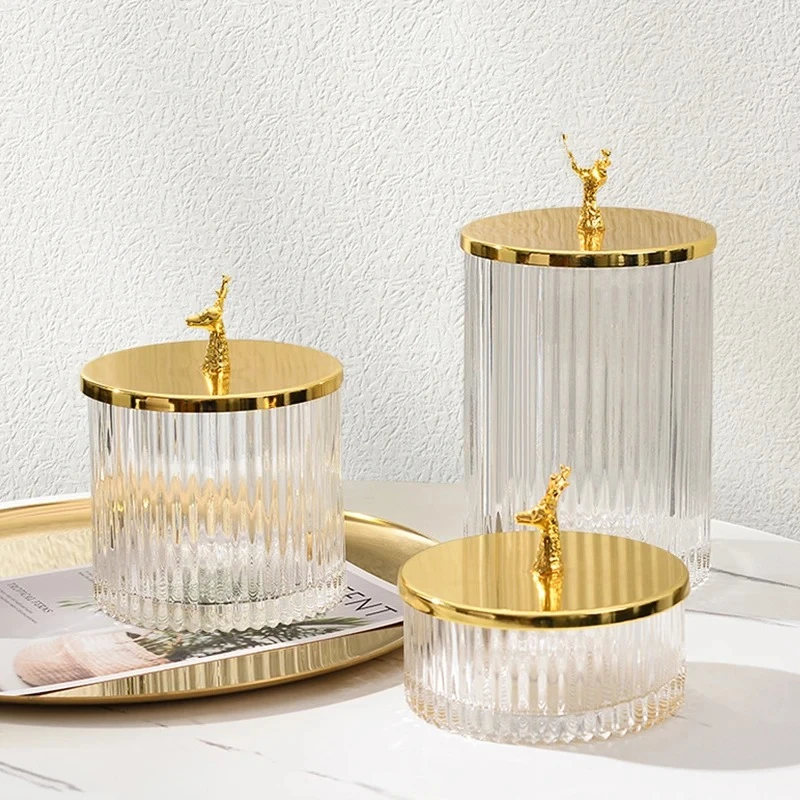 Ins Popular Nordic Bathroom Organizer Glass Jewelry Box Cotton Swab Holder Cosmetic Organizer Storage Canister Jar with Gold Lid