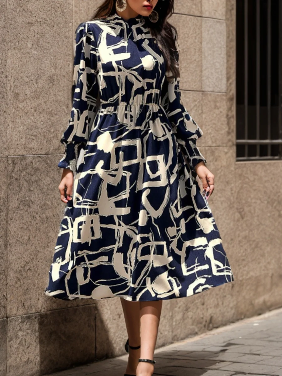 فستان ميدي نسائي بتصميم هندسي ربيعي، بأكمام طويلة وطوق قائم، من ألياف البوليستر، بخصر طبيعي وتصميم على شكل حرف H.