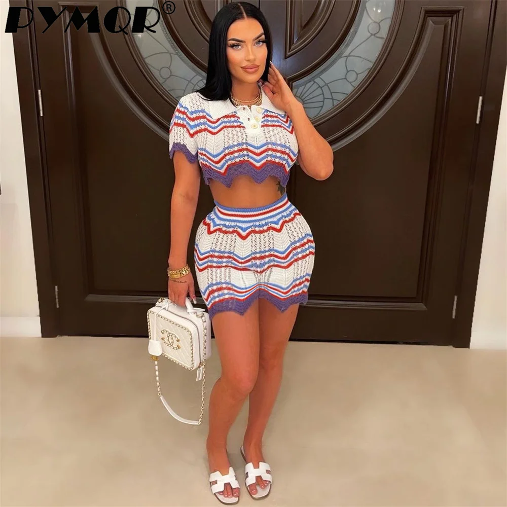 PYMQR New Knitted Sweater Shorts Two-piece Set Woman 2023 Summer Y2K Sexy Streetwear Jogger Outfits Wholesale