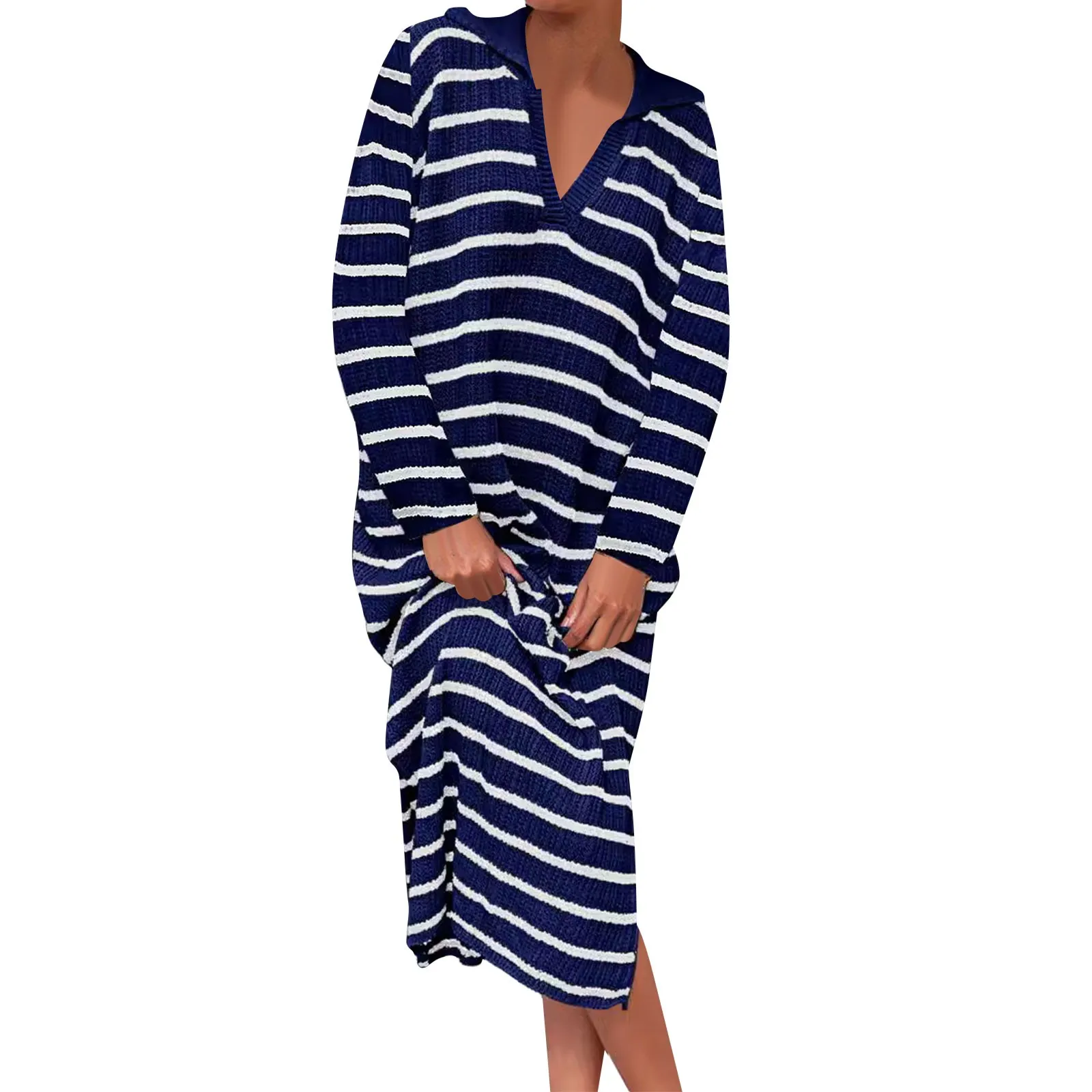 

New Women's Fashion V-Neck Striped Low Split Lapel Long Sweater Casual Dresses French Style Spring Summer Cool new in Dress