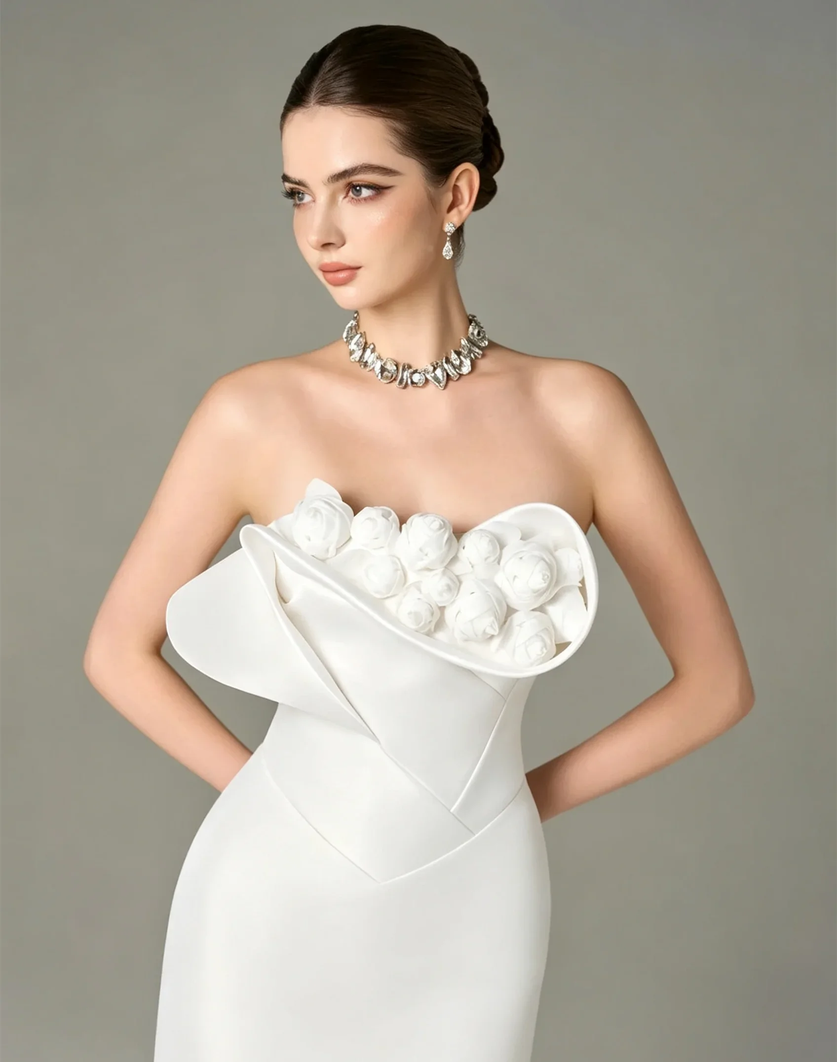 Strapless 3D Floral Ruffled Fold Satin Wedding Dress Sheath Bodycon Bridal Gown Floor Length Luxury Modern Formal Evening Party