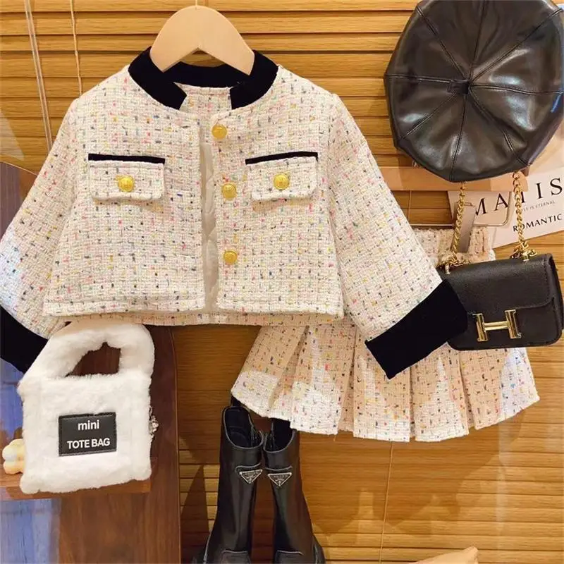 Sweet Outfits Kids Girls Princess 2pcs Clothes Sets Spring Autumn Children Fashion Blazer Coat+Skirt Vintage Outfits Suit