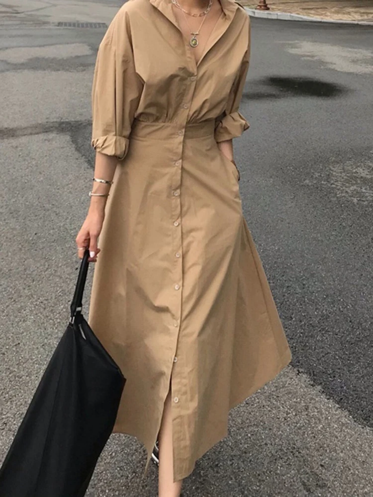 LANMREM Retro Designer Dress For Women Solid Color Lapel Single Breasted Puff Sleeves Dresses Female Clothing 2024 New 2YA1148