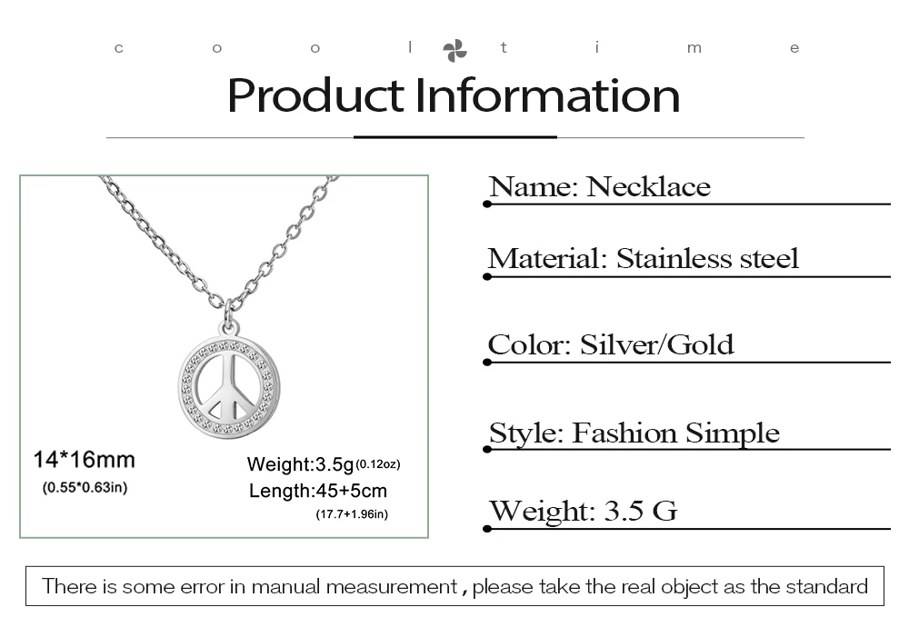 COOLTIME Edelstahl Frieden Symbol Halskette für Frauen Mode Runde Zirkon Kette Anhänger Amulett Schmuck Geschenk Großhandel – Detail 4