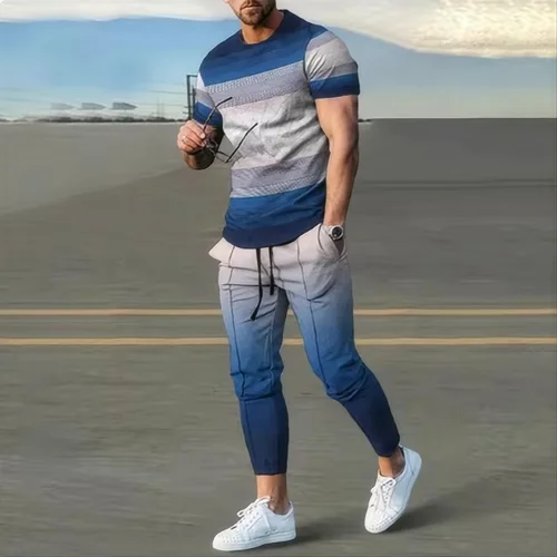 Imagen 2 del producto Conjunto de ropa deportiva de baloncesto para hombre, camiseta de manga corta, pantalones largos, ropa deportiva informal de gran tamaño con estampado 3D, Verano