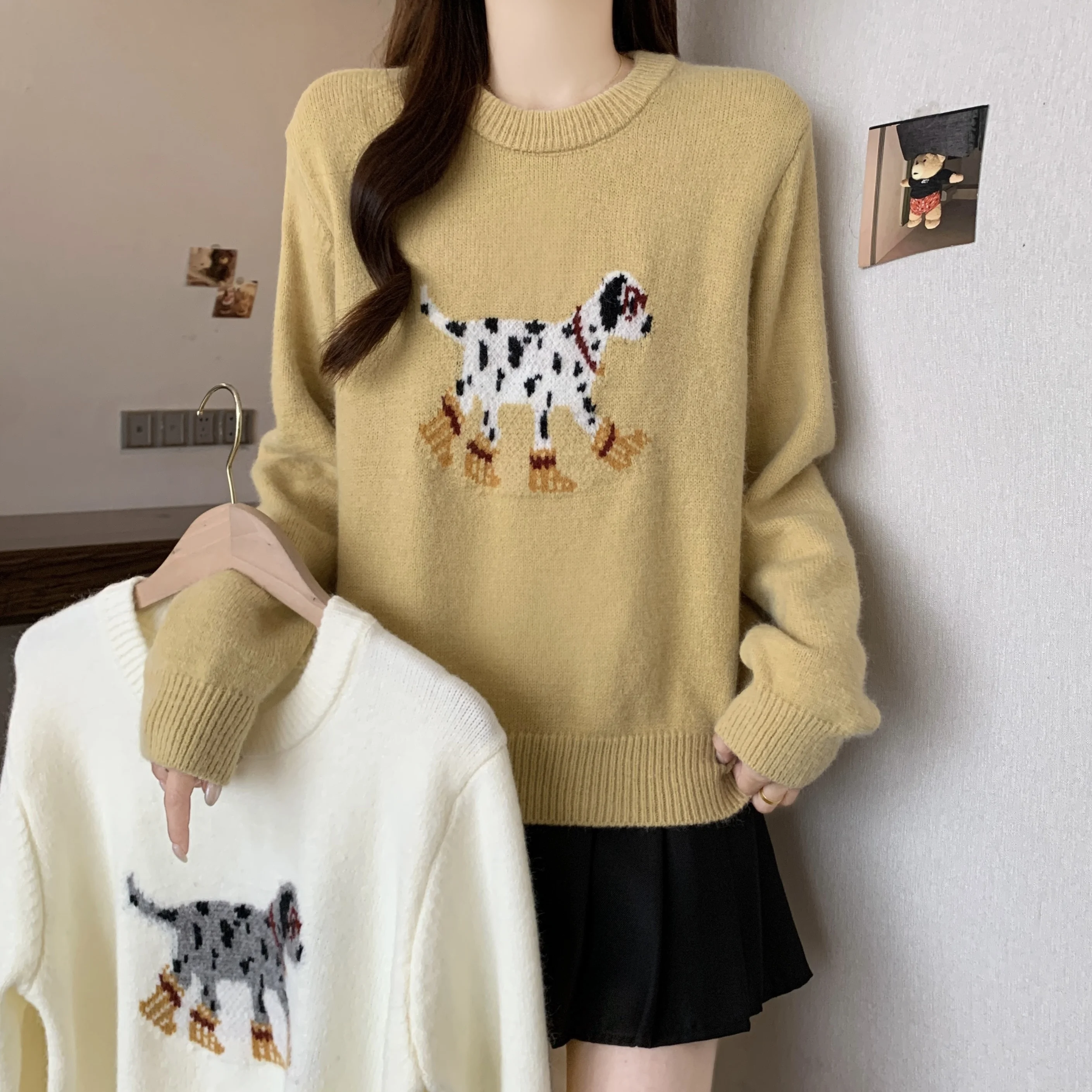 2026 جديد الكورية الكرتون الكلب س الرقبة محبوك سترة المرأة ربيع الخريف بسيط كم طويل فضفاض البلوز بلوزات غير رسمية متعددة الاستخدامات #2