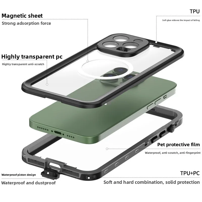 IP68 Waterproof Dustproof Magnetic Phone Case for IPhone 15 14Pro Max Plus Simple Design Anti-scratch Shockproof Protector Cover
