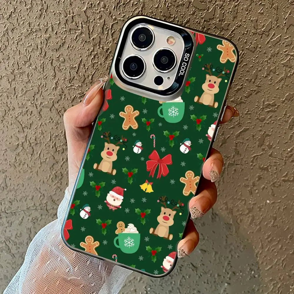 Cartoon Christmas Tree Snowman Phone Case For iPhone17,16,15,14,13,12,11 Pro Max black Matte Shockproof Cover