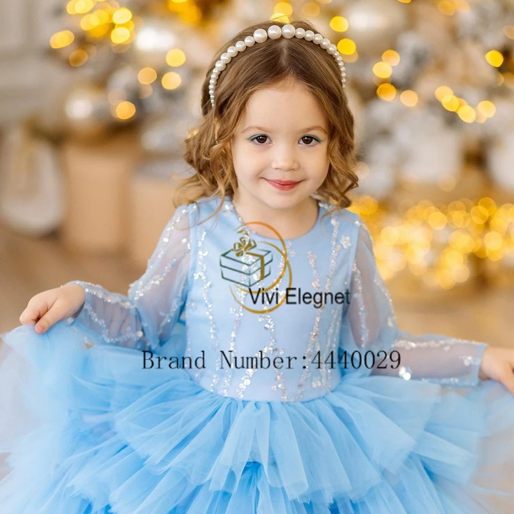 2024 Charming Christmas Gowns with Sequined New Full Sleeve Scoop Flower Girls Dresses Soft Tulle Cute فلور فتاة اللباس Zipper