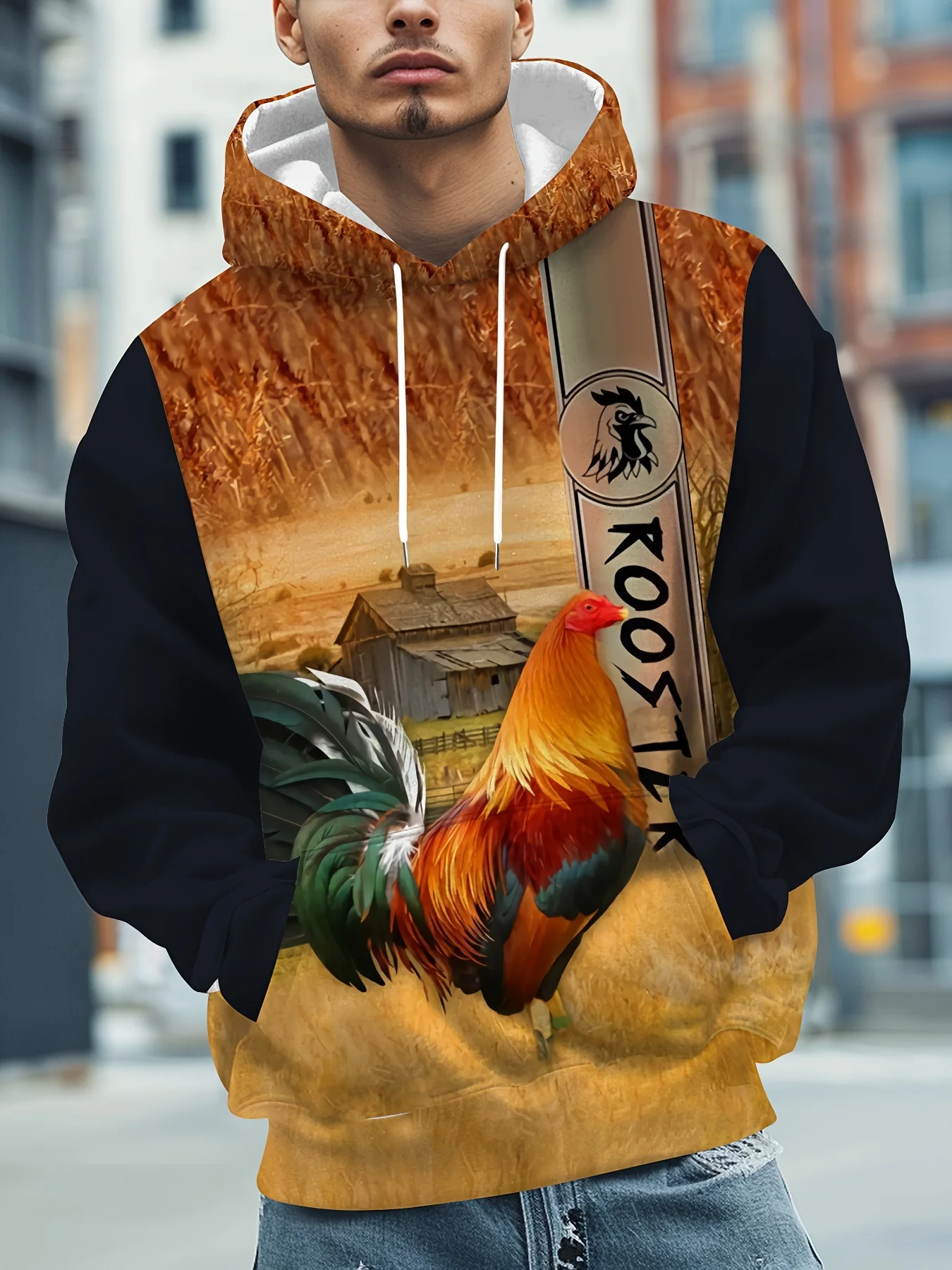 New Hot Fashion Fighting Chicken Pattern Man Hoodie Casual Sports Sweatshirts Quick-Drying Running Kangaroo Pocket Mens Clothes