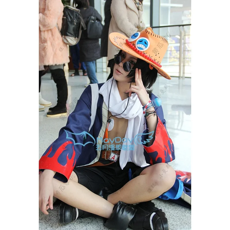 

Костюм для косплея Portgas D Ace, пальто + брюки + шапка + шарф + сумка для ног + локоть + шляпа 11