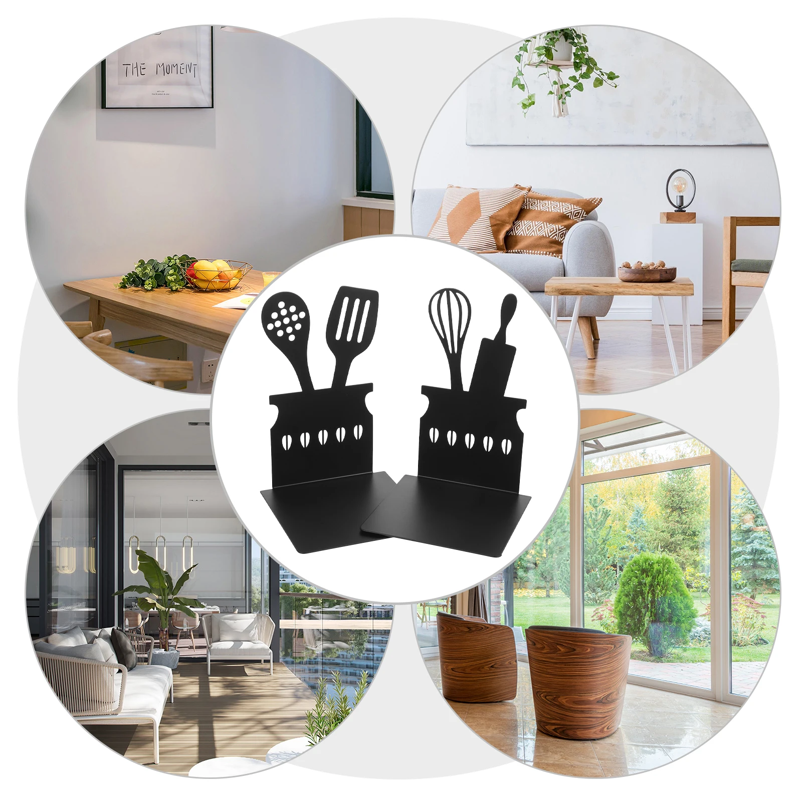 

2pcs Kitchenware Pattern Bookends Metal L Shaped Cookware Design Desk Organizer for Books Magazines Home Office Decor Reading