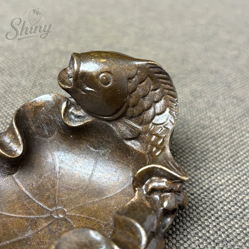 Antique Solid Brass Lotus Leaf Fish-Shaped Ashtray Table Ornament Tray Abundance Every Year Study Brush Holder Decor