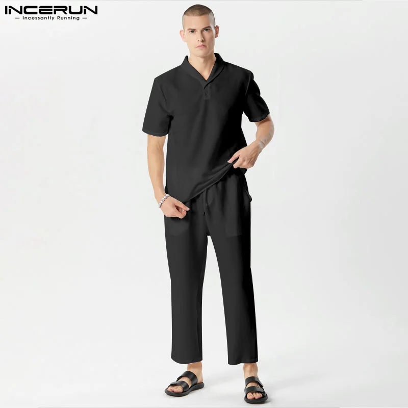 INCERUN Men Casual Sets Solid 2024 Streetwear Lapel Short Sleeve Shirt & Drawstring Pants 2PCS Summer Korean Men Suits S-5XL