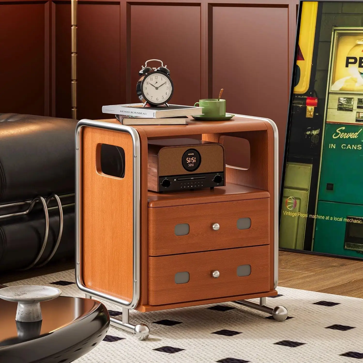 Retro solid wood treasure box bedside table stainless steel medieval bedroom side cabinet storage cabinet