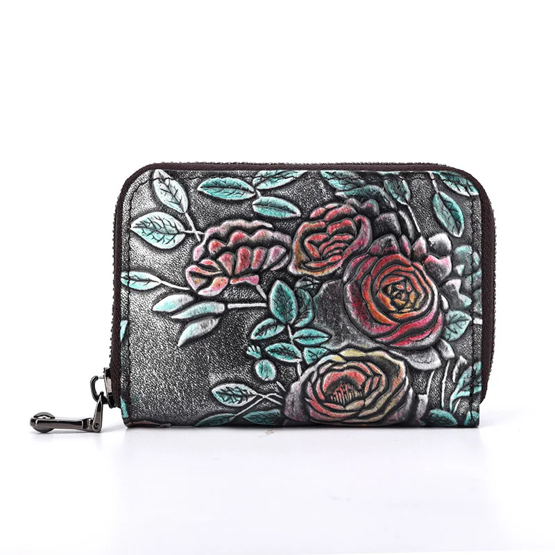 Women Zipper Short Wallet Credit/ID Card Holder Flower Pattern Genuine Leather Female Coin Pocket Clutch Money Bag Bifold Purse