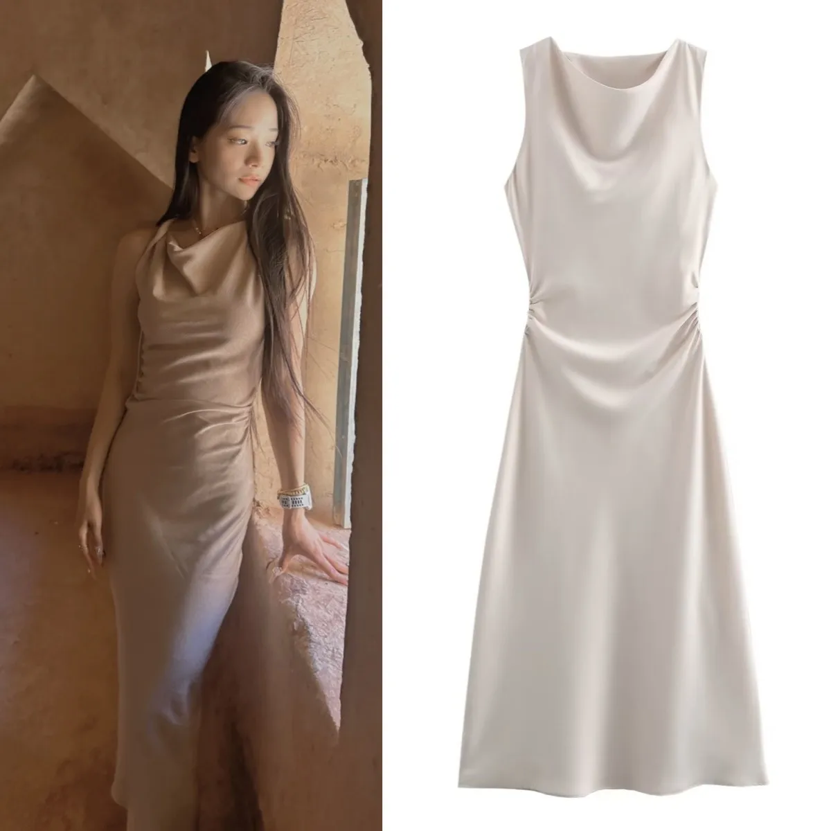 ETJ 2026 Elegantes Satin-Slip-Kleid für Damen Ärmellos mit Wasserfallausschnitt Figurbetontes Midikleid Vintage-Chic Partykleid Robe Femme Bekleidung