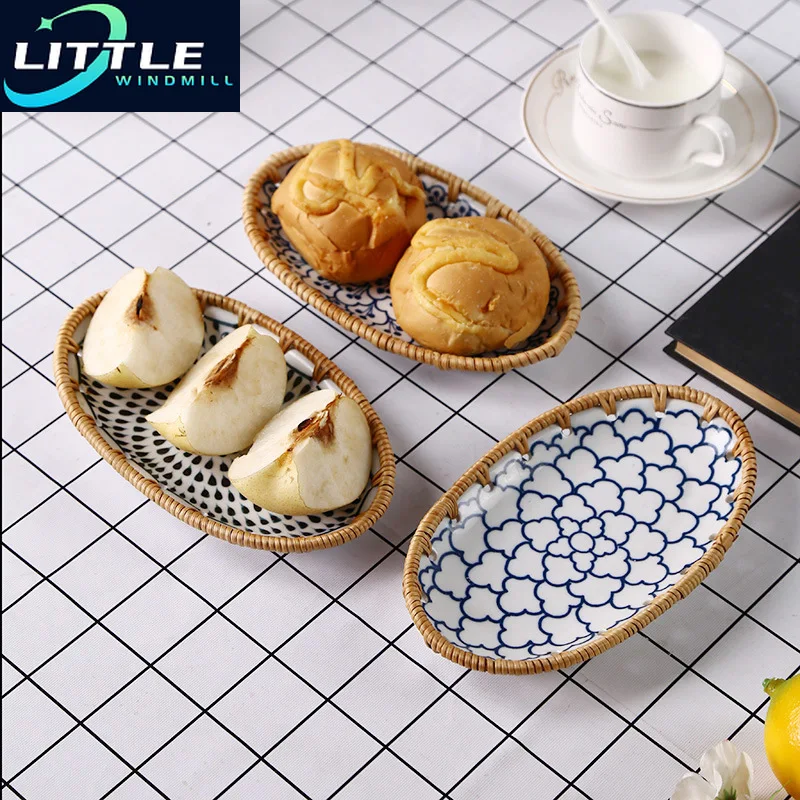 

Rattan Porcelain Fruit Dish Tea Dish Japanese Dim Sum Breakfast Dish Bread Basket Storage Basket Towel Tray